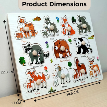 COMBO OF 3 BOARD - Wooden Knob Puzzle Board for Kids – ANIMALS , SHAPES & VEGETABLES