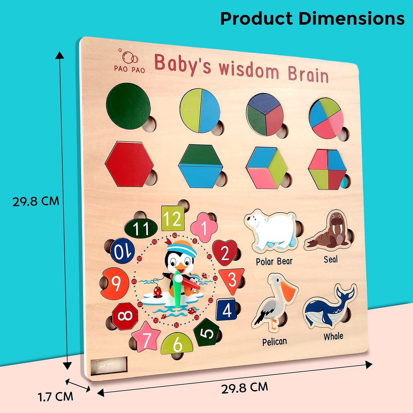 Wooden Multi-Activity Puzzle Board – Shapes, Numbers, Animals , Time Learning