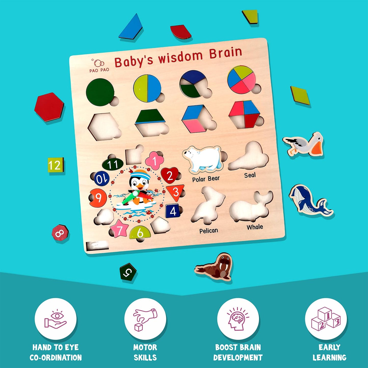 Wooden Multi-Activity Puzzle Board – Shapes, Numbers, Animals , Time Learning