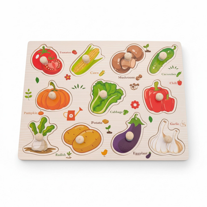 COMBO OF 3 BOARD - Wooden Knob Puzzle Board for Kids – ANIMALS , SHAPES & VEGETABLES