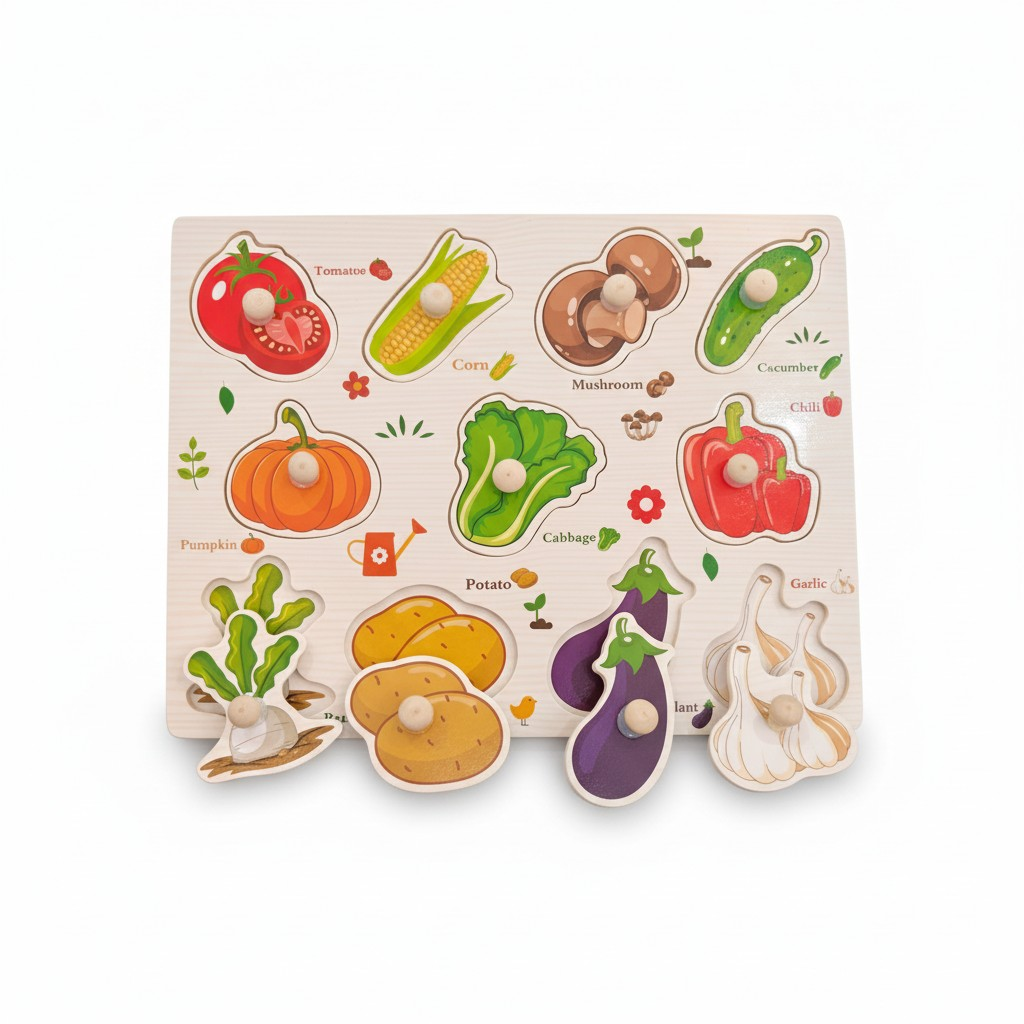 COMBO OF 3 BOARD - Wooden Knob Puzzle Board for Kids – ANIMALS , SHAPES & VEGETABLES