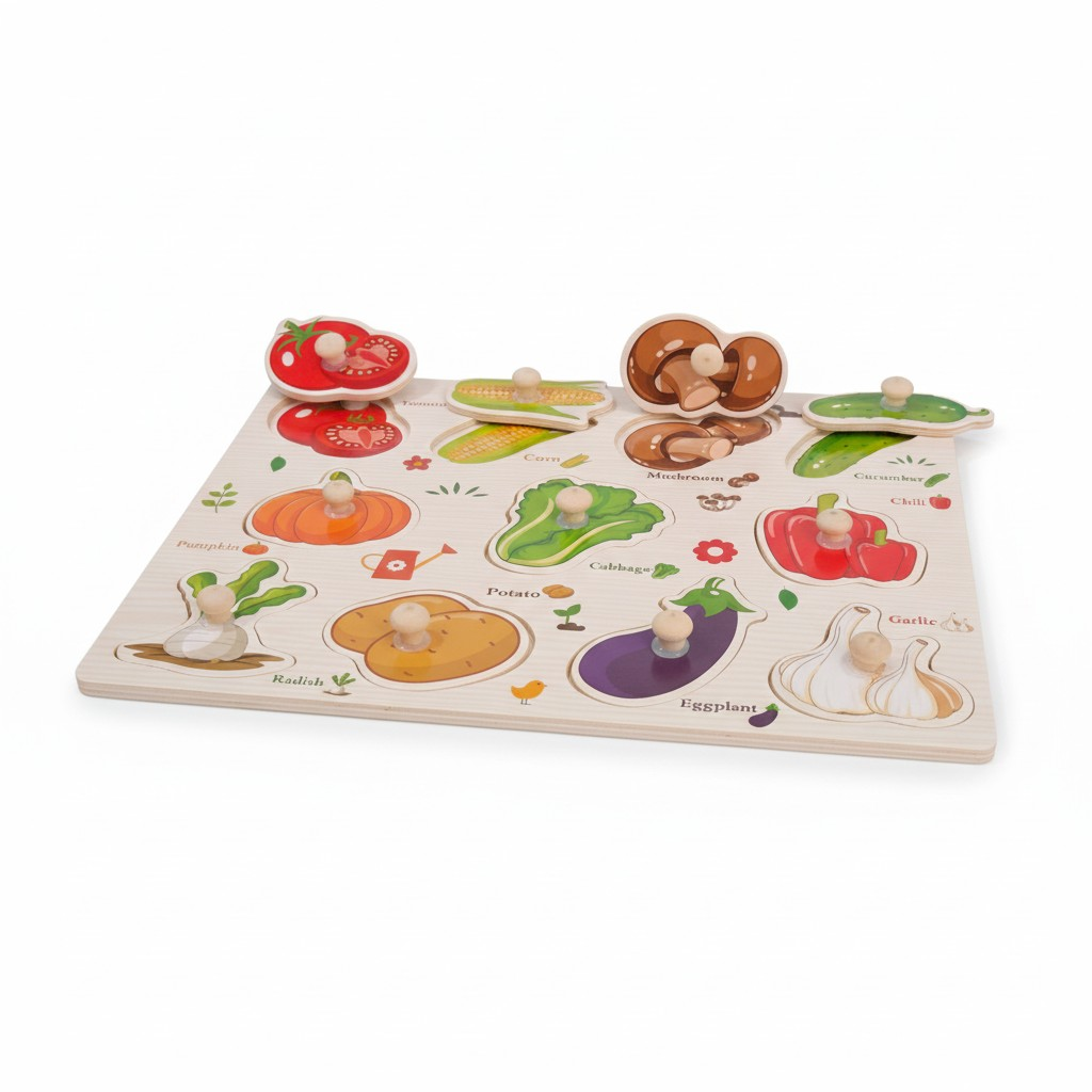 COMBO OF 3 BOARD - Wooden Knob Puzzle Board for Kids – ANIMALS , SHAPES & VEGETABLES