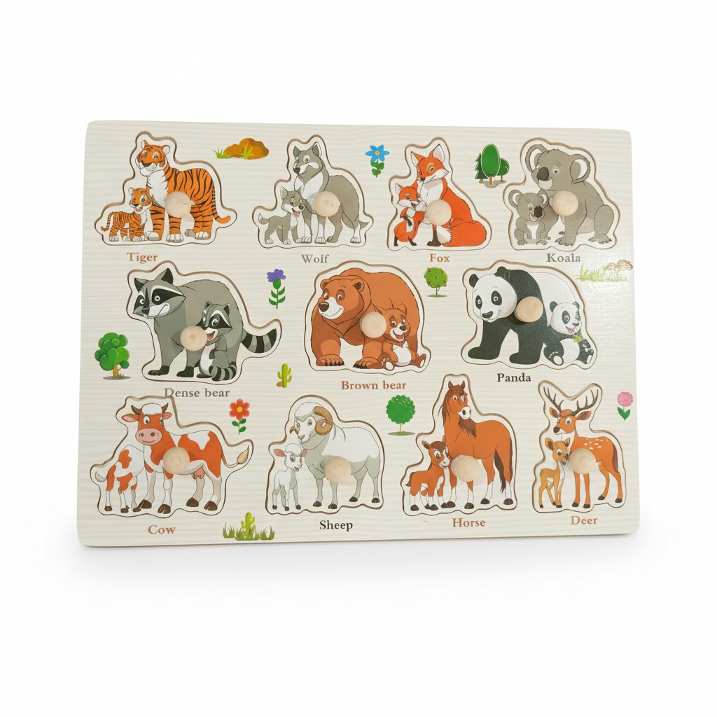 COMBO OF 3 BOARD - Wooden Knob Puzzle Board for Kids – ANIMALS , SHAPES & VEGETABLES