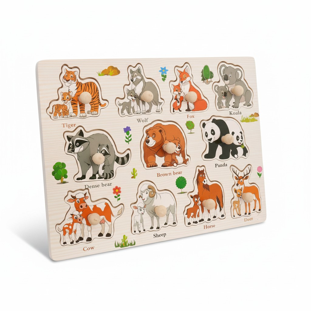 COMBO OF 3 BOARD - Wooden Knob Puzzle Board for Kids – ANIMALS , SHAPES & VEGETABLES
