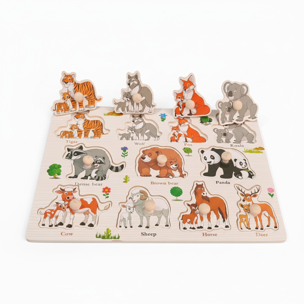 COMBO OF 3 BOARD - Wooden Knob Puzzle Board for Kids – ANIMALS , SHAPES & VEGETABLES