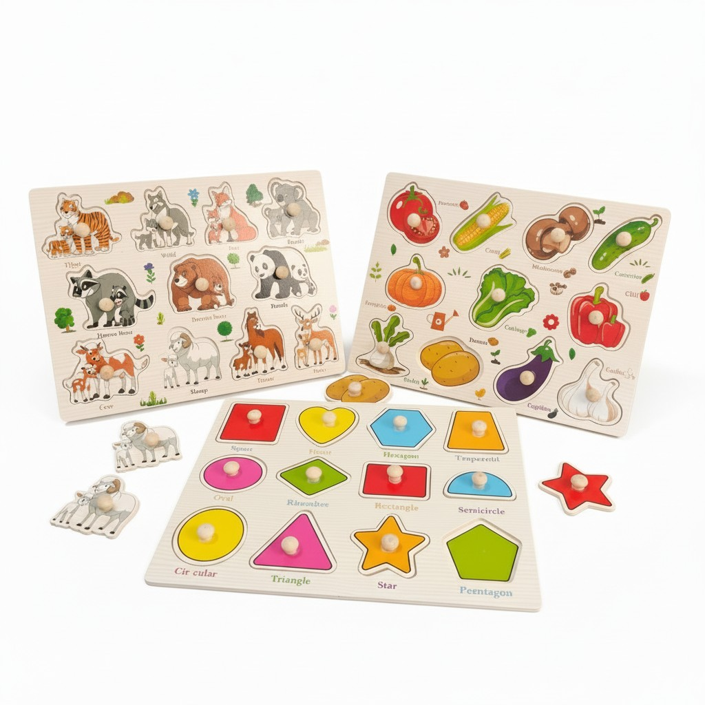 COMBO OF 3 BOARD - Wooden Knob Puzzle Board for Kids – ANIMALS , SHAPES & VEGETABLES