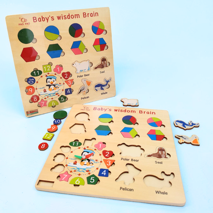 Wooden Multi-Activity Puzzle Board – Shapes, Numbers, Animals , Time Learning
